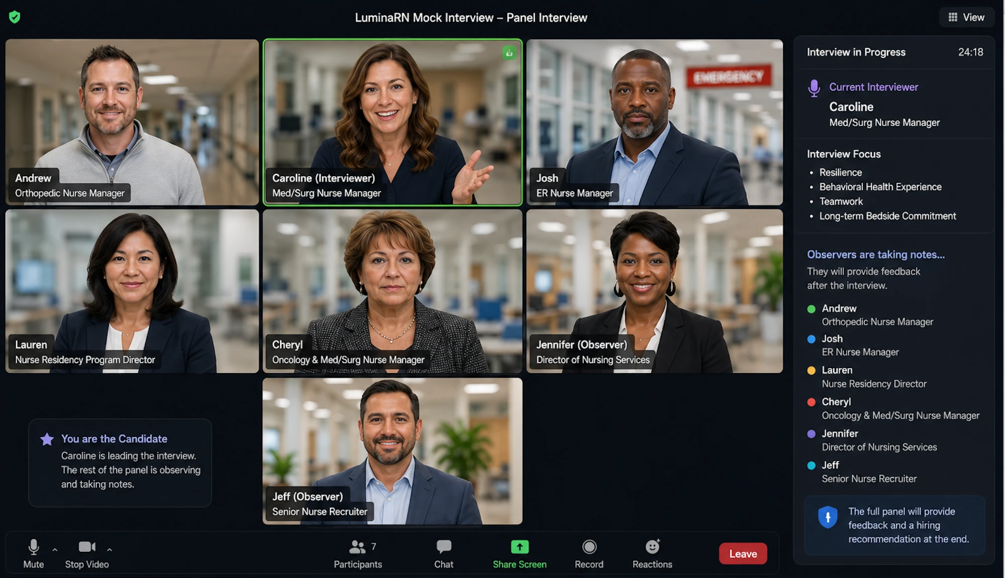 A LuminaRN mock interview panel screen showing seven nurse interviewers and observers, one actively speaking.