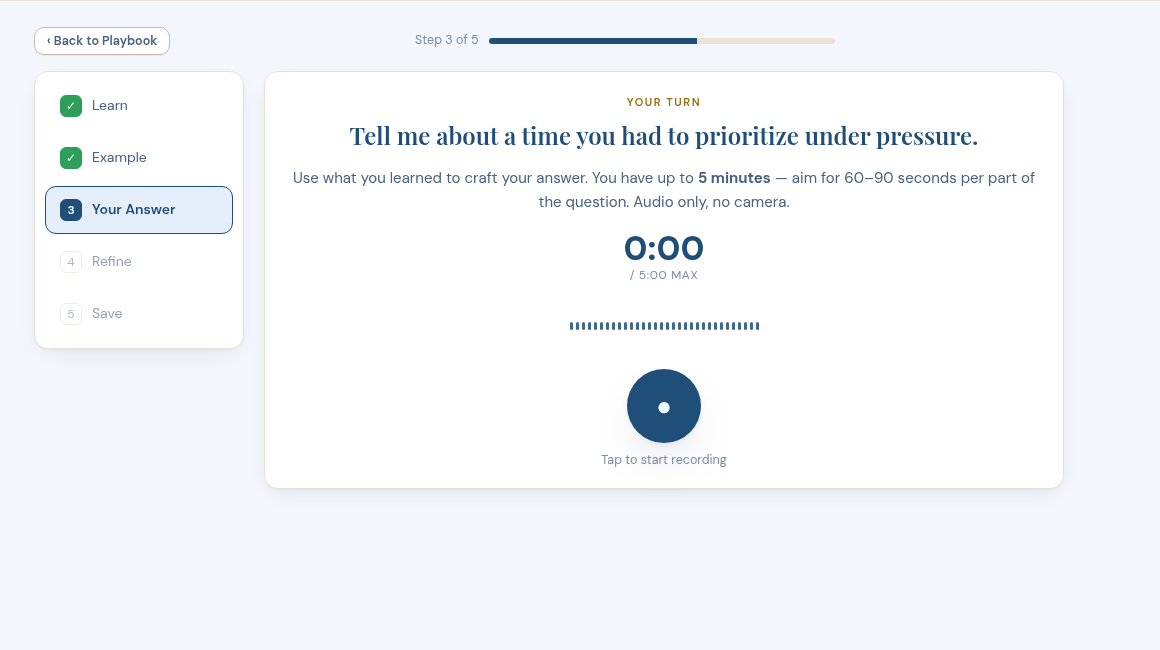 The LuminaRN answer screen: a 5-minute timer, an audio waveform, and a Tap to Start Recording button.