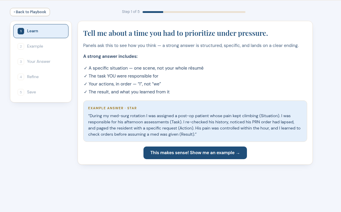 A LuminaRN lesson screen showing a behavioral interview question, a checklist of what a strong answer includes, and an example STAR answer.